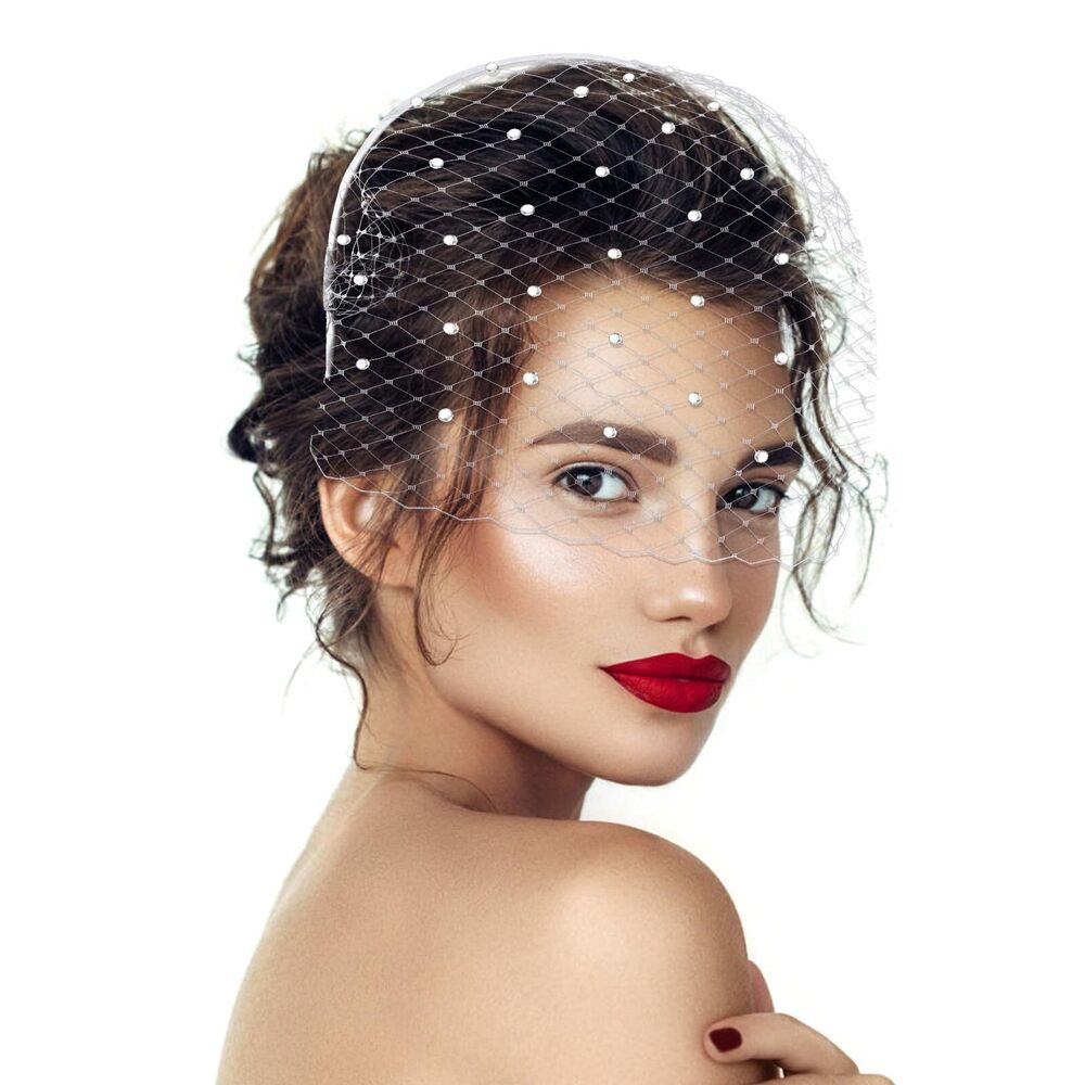 4441 White Mesh Veil Headband 1920s Headpiece For Women Bridal Wedding Tea